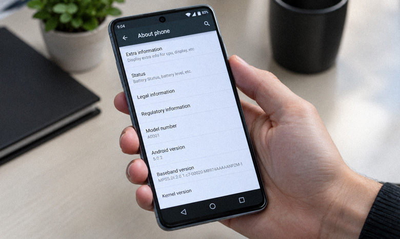 Close-up of an Android settings screen showing the system version, with a hand holding the phone over a desk