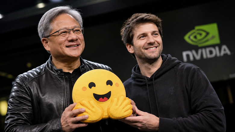 Jensen Huang and Clément Delangue hold a Hugging Face emoji plush at an Nvidia event