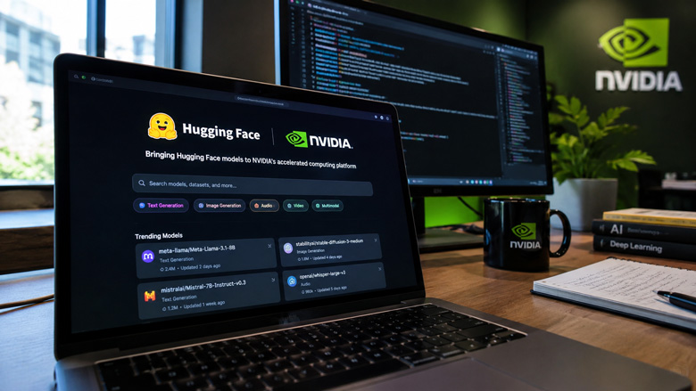 Interface illustrating the Nvidia and Hugging Face partnership, with popular AI models highlighted