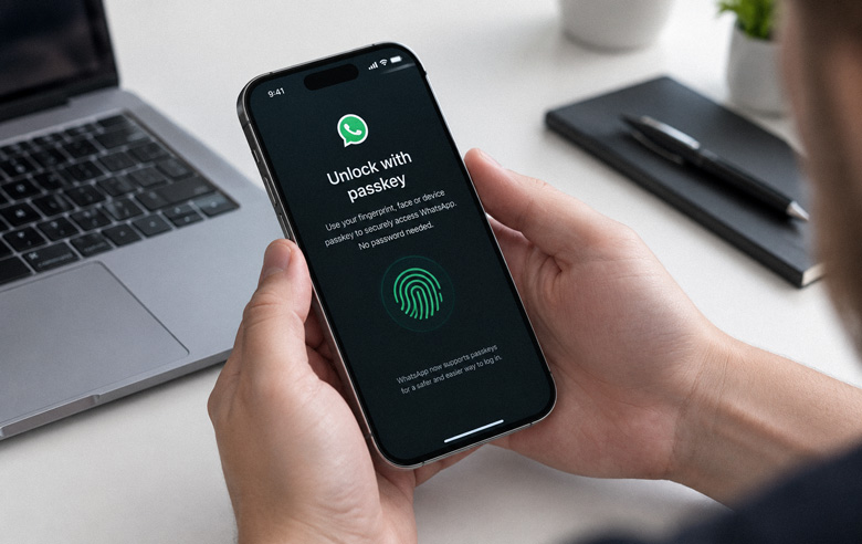 هاتف يعرض شاشة فتح القفل عبر Passkey في واتساب، يمسكه شخص على مكتب عمل