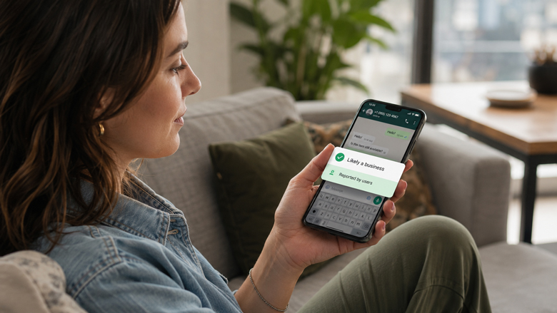 Notifiche di avviso WhatsApp su smartphone che mostrano 'Probabilmente un'azienda' e 'Segnalato da utenti'