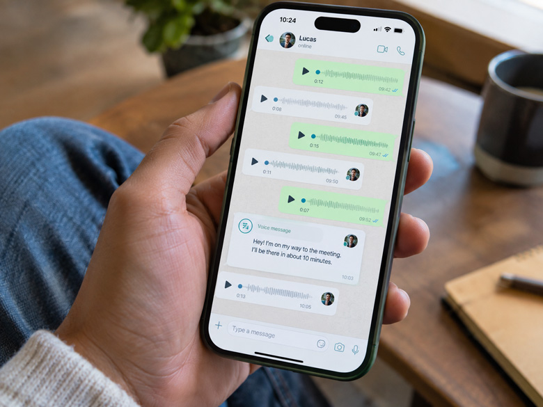 WhatsApp chat with several received voice messages and one shown as transcribed text