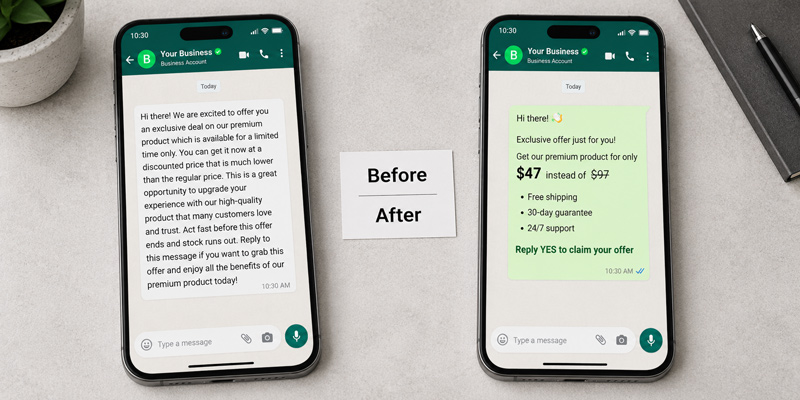 Smartphone displaying formatted WhatsApp Business messages with sales techniques to attract and convert customers