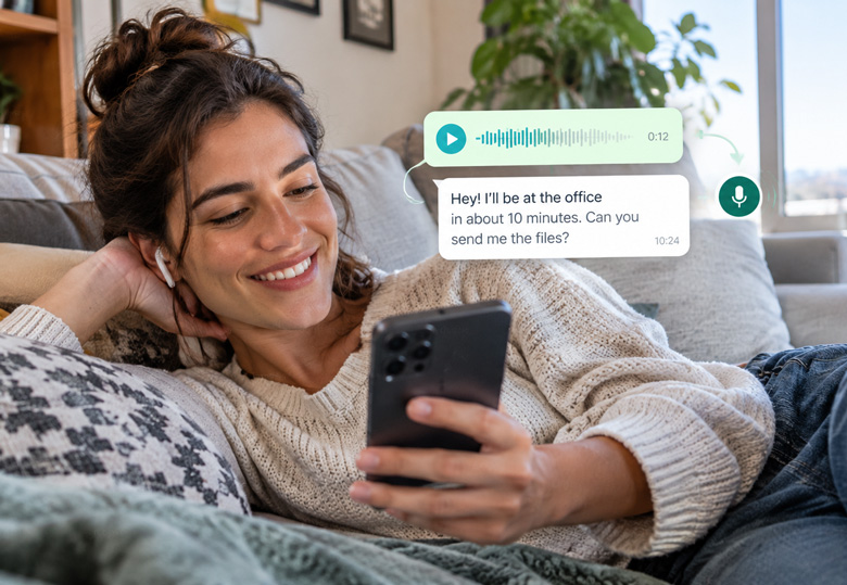 Close-up of a phone screen showing a WhatsApp voice message being read as text